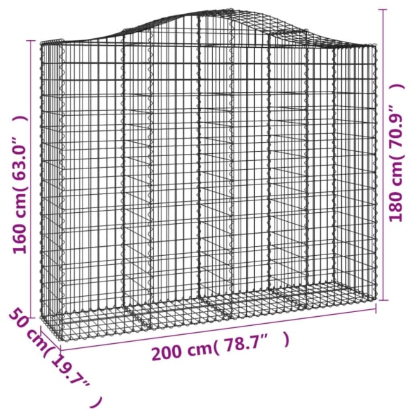 vidaXL Gabioner bågformade 2 st 200x50x160/180 cm galvaniserat järn Silver