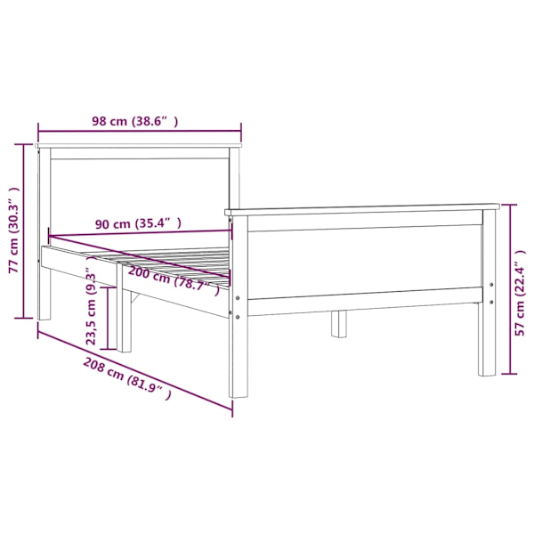 vidaXL Sängram massiv furu 90x200 cm Brun