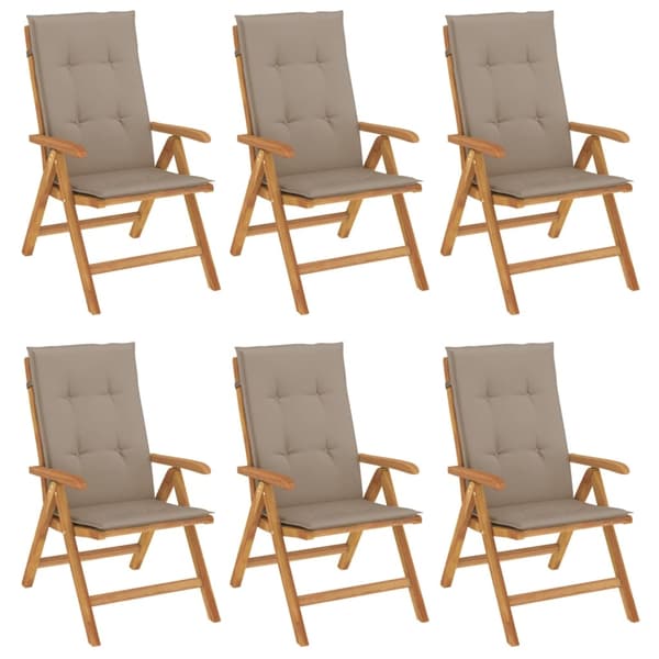 vidaXL Fällbara fåtöljer med dynor, 6 st, massivt trä, teak Brun