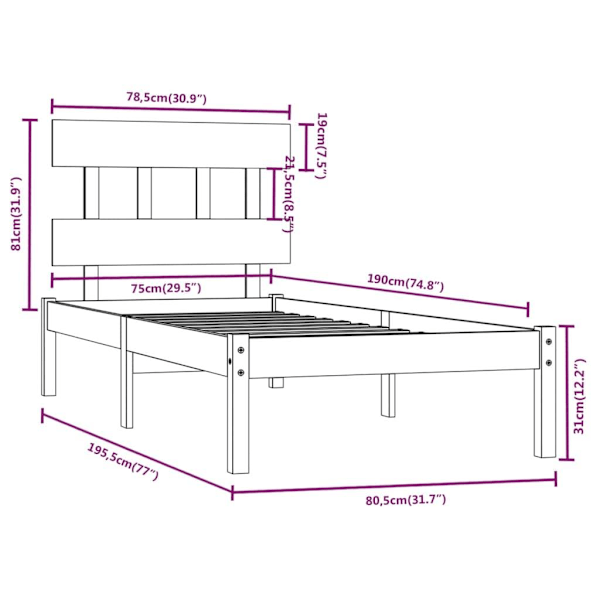 vidaXL Sängram svart massiv furu 75x190 cm Svart