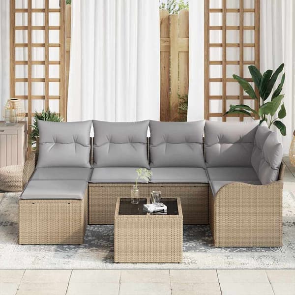 vidaXL Trädgårdsoffset med kudde 7 pcs Beige Poly rattan Beige