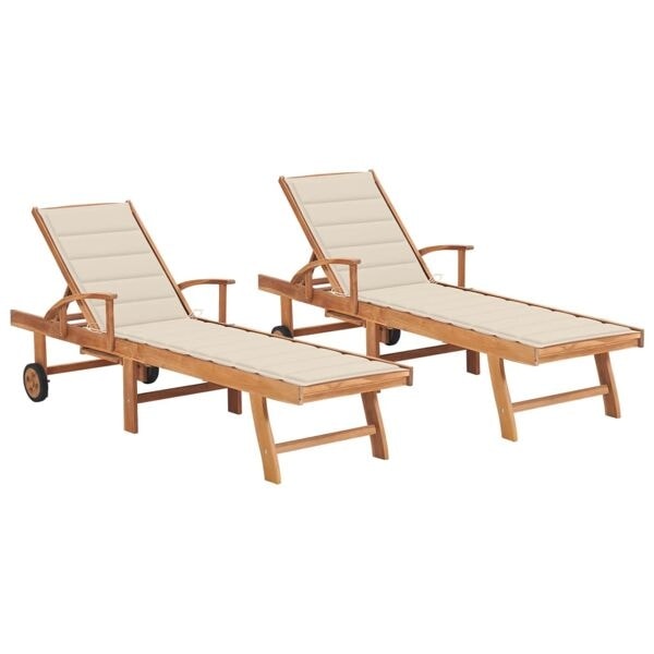 vidaXL Solsäng 2 st med dyna gräddvit massiv teak Creme