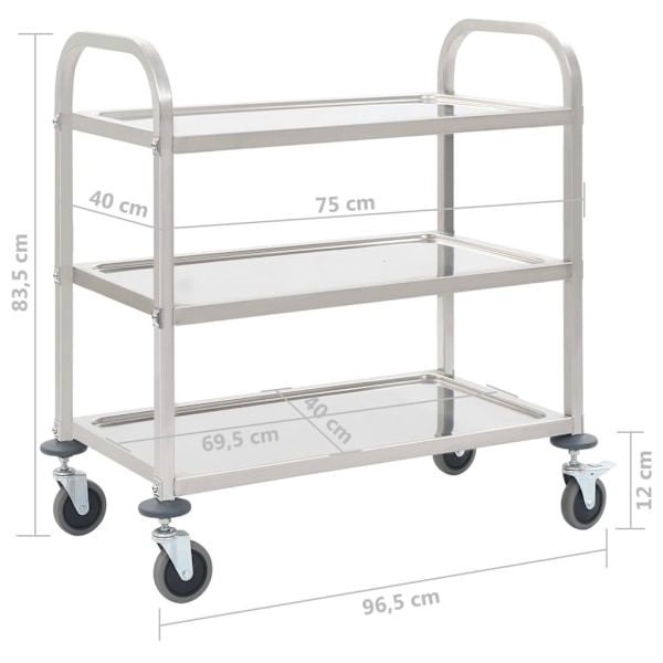 vidaXL Serveringsvagn 3 våningar 95x45x83,5 cm rostfritt stål Silver