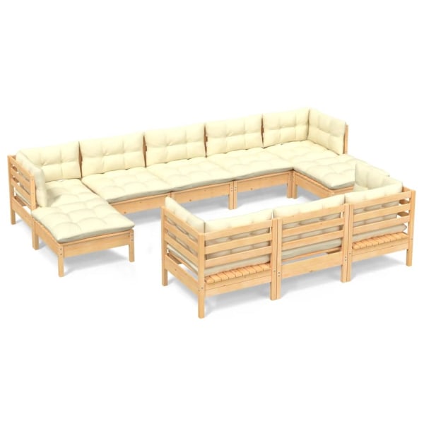 vidaXL Loungegrupp med gräddvita dynor 10 delar massiv furu Creme