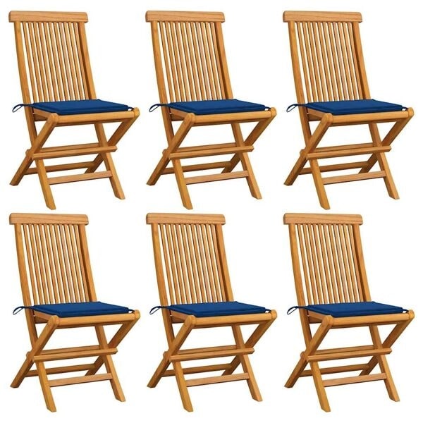 vidaXL Trädgårdsstolar med kungsblåa dynor 6 st massiv teak Blå