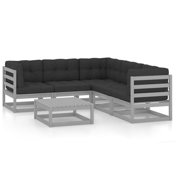 vidaXL Loungegrupp med dynor 6 delar massiv furu grå