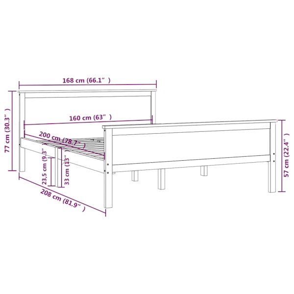 vidaXL Sängram massiv furu 160x200 cm Brun