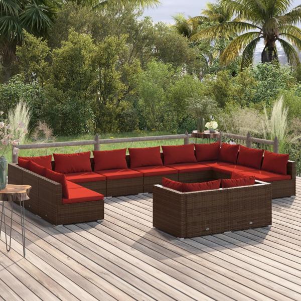 vidaXL Loungegrupp för trädgården med dynor 12delar brun konstro Brun