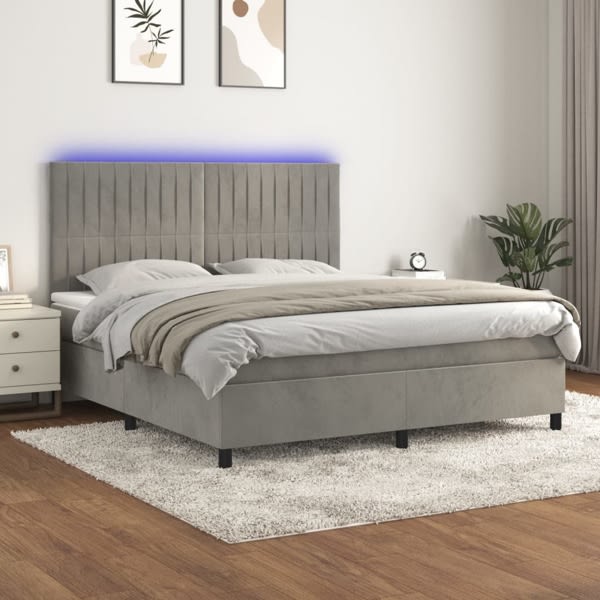 vidaXL Ramsäng med madrass & LED ljusgrå 180x200 cm sammet Grå