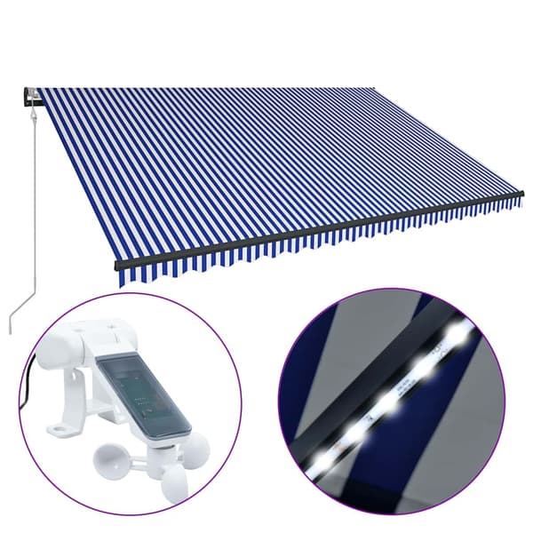 vidaXL Markis med vindsensor & LED 500x300 cm blå och vit Blå