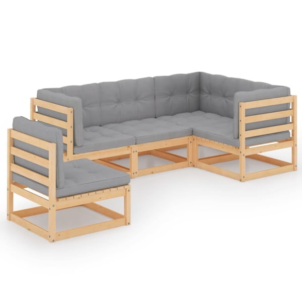 vidaXL Loungegrupp med dynor 5 delar massiv furu grå
