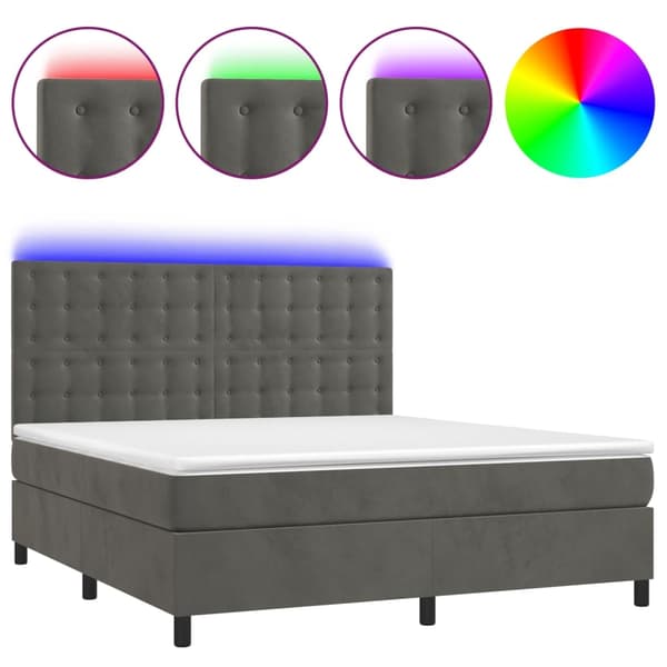 vidaXL Ramsäng med madrass & LED mörkgrå 180x200 cm sammet Grå