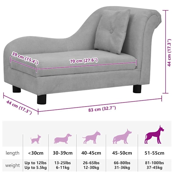 vidaXL Hundsoffa med kudde grå 83x44x44 cm plysch grå