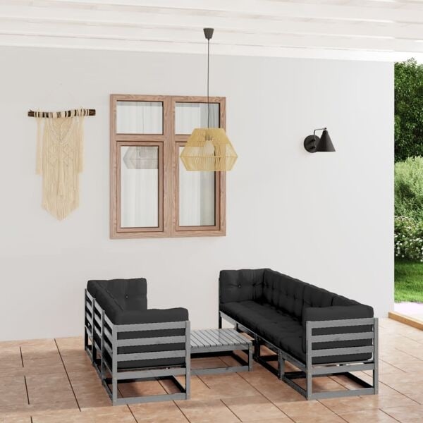 vidaXL Loungegrupp med dynor 8 delar massiv furu grå
