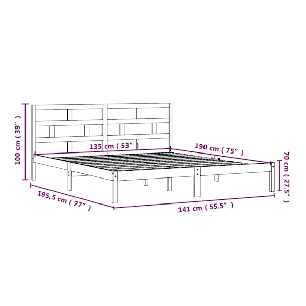 vidaXL Sängram massiv furu 135x190 cm Brun
