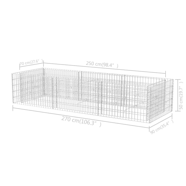 vidaXL Planteringsgabion upphöjd stål 270x90x50 cm Silver
