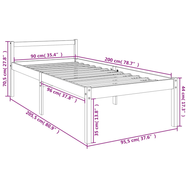 vidaXL Sängram massiv furu 90x200 cm Brun