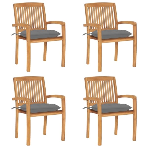 vidaXL Stapelbara trädgårdsstolar med dynor 4 st massiv teak grå