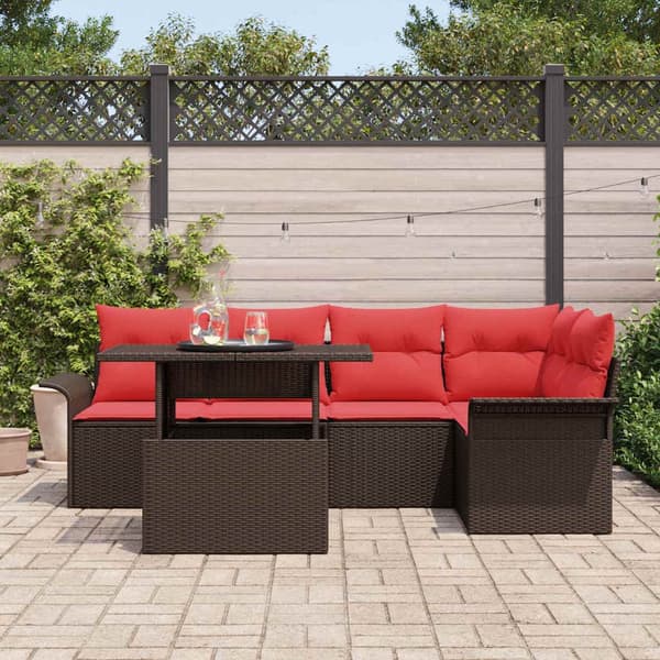 vidaXL Trädgårdsoffset med kudde 6 pcs Brun Poly rattan Brun