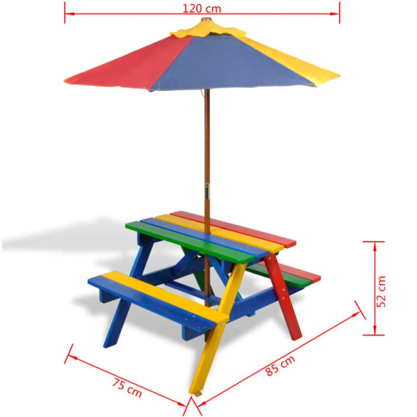 vidaXL Picknickbord med bänkar och parasoll för barn flerfärgad multifärg
