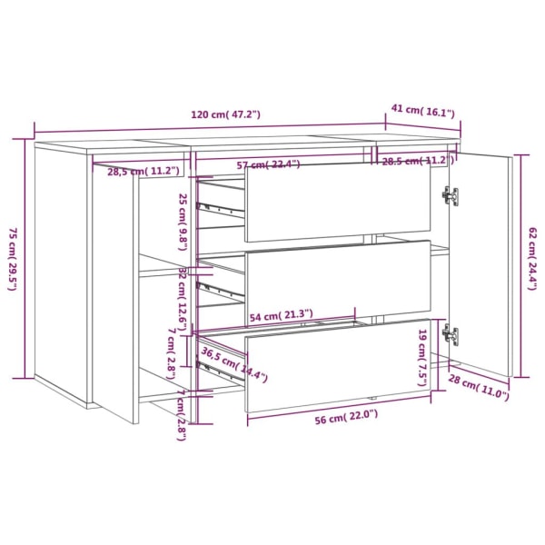 vidaXL Skänk med 3 lådor vit 120x41x75 cm konstruerat trä Vit