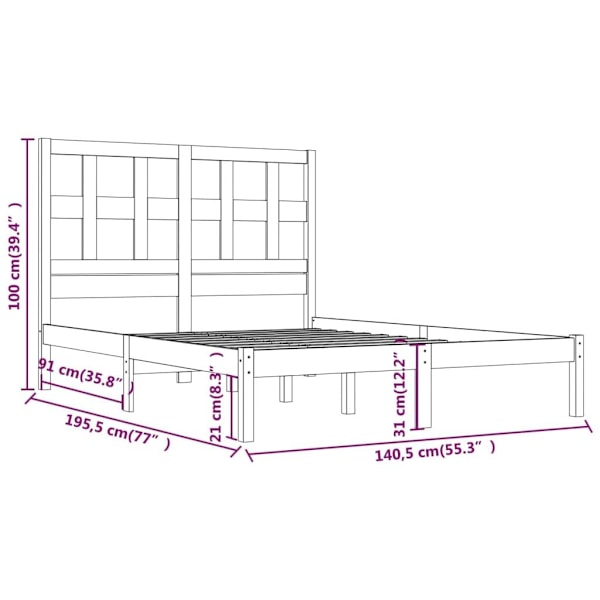 vidaXL Sängram massiv furu 135x190 cm Brun