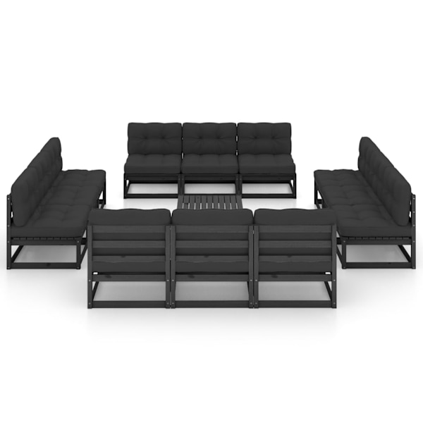 vidaXL Loungegrupp med dynor 13 delar massiv furu Svart