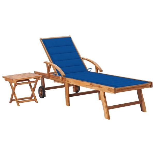 vidaXL Solsäng med bord och dyna massiv teak Blå