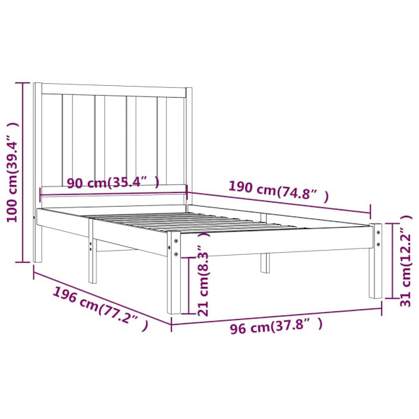 vidaXL Sängram massiv furu 90x190 cm Brun