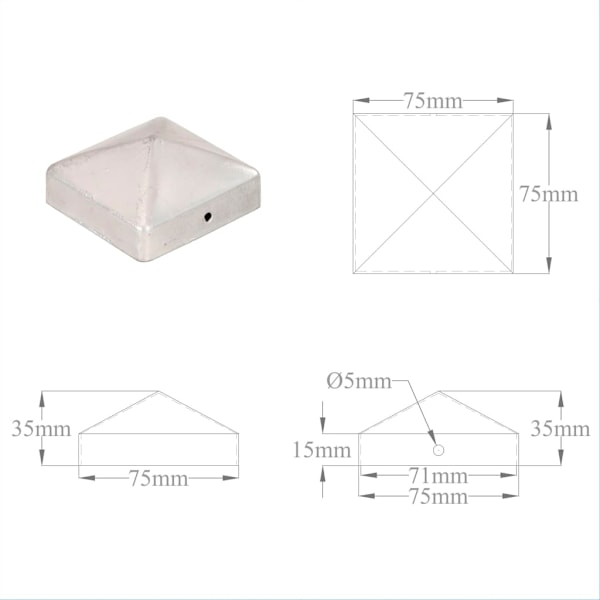 vidaXL Stolphattar pyramid 6 st galvaniserad metall 71x71 mm Silver