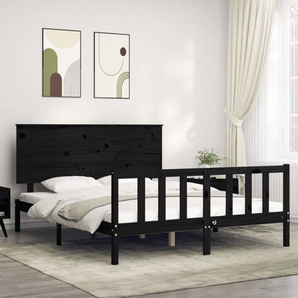 vidaXL Sängram med huvudgavel svart 160x200 cm massiv furu Svart