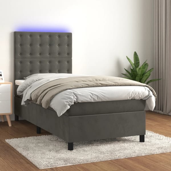 vidaXL Ramsäng med madrass & LED mörkgrå 90x200 cm sammet Grå
