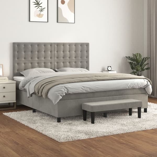 vidaXL Ramsäng med madrass ljusgrå 160x200 cm sammet Grå