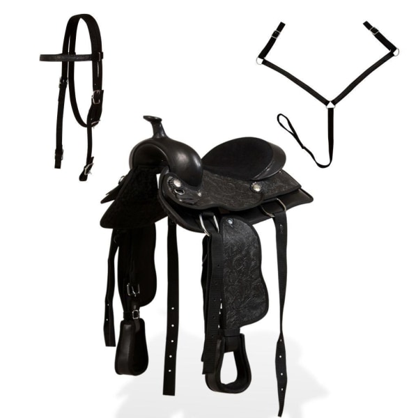 vidaXL Westernsadel träns&halsband äkta läder 13" svart Svart