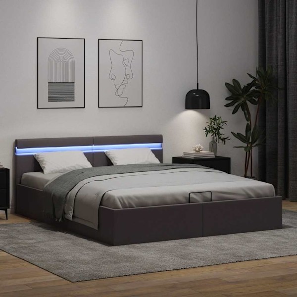 vidaXL Sängram hydraulisk förvaring LED grå konstläder 180x200 cm grå