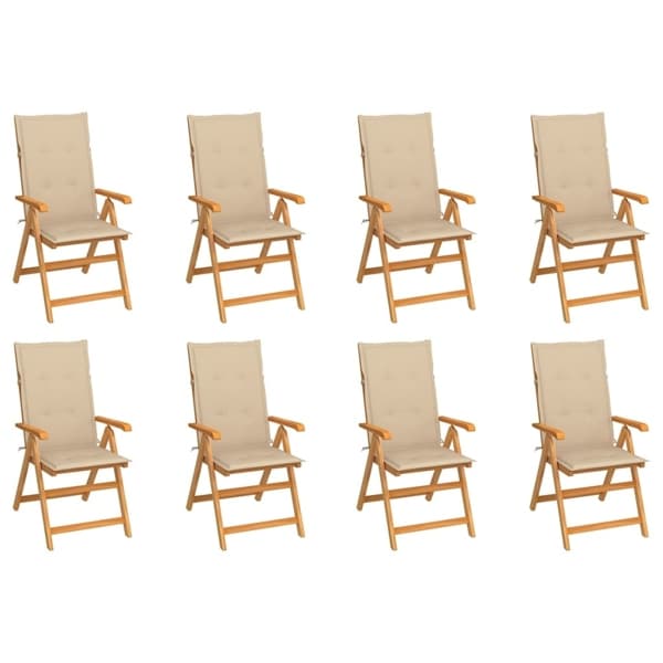 vidaXL Fällbara fåtöljer med dynor, 8 st, massivt teakträ Beige