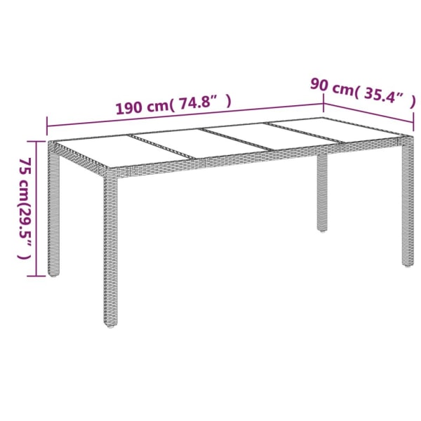 vidaXL Trädgårdsbord med glasskiva svart 190x90x75 cm konstrotting Svart