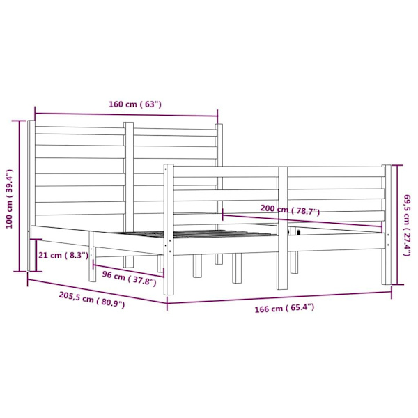 vidaXL Sängram massiv furu 160x200 cm Brun