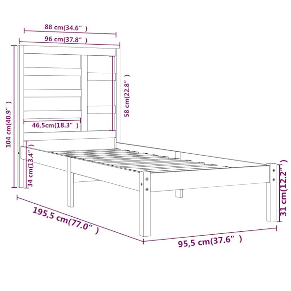 vidaXL Sängram vit massivt trä 90x190 cm Vit