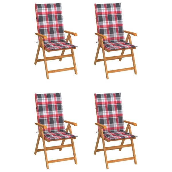 vidaXL Hopfällbara stolar 4 st rödrutiga dynor massiv teak multifärg
