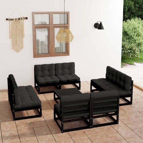vidaXL Loungegrupp med dynor 9 delar massiv furu Svart