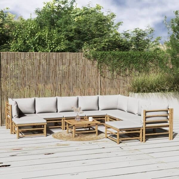vidaXL Loungegrupp 11 delar ljusgråa dynor bambu Brun