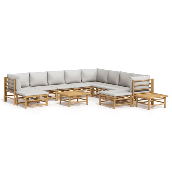vidaXL Loungegrupp 12 delar ljusgråa dynor bambu Brun