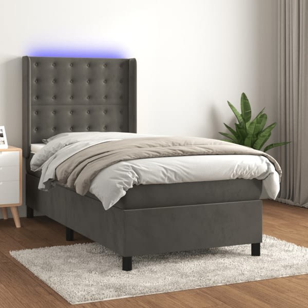 vidaXL Ramsäng med madrass & LED mörkgrå 90x190 cm sammet Grå