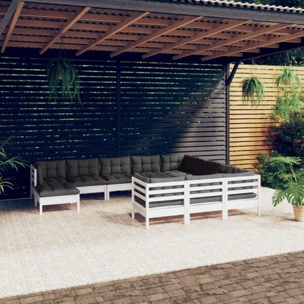 vidaXL Loungegrupp med dynor 11 delar vit massiv furu Vit