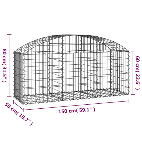 vidaXL Gabion bågformad 150x50x60/80 cm galvaniserat järn Silver