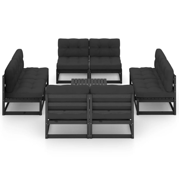vidaXL Loungegrupp med dynor 9 delar massiv furu Svart