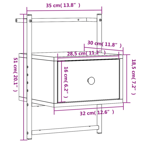 vidaXL Sängbord väggmonterat rökfärgad ek 35x30x51 cm konstruera Brun