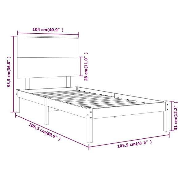 vidaXL Sängram grå massiv furu 100x200 cm enkelsäng Grå