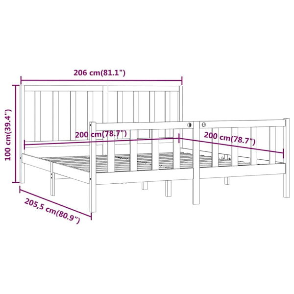 vidaXL Sängram grå massivt trä 200x200 cm Grå